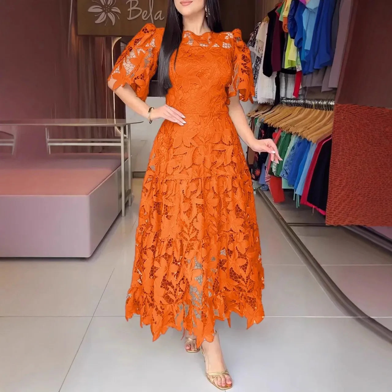 Vestido Feminino Midi Renda Manga Curta