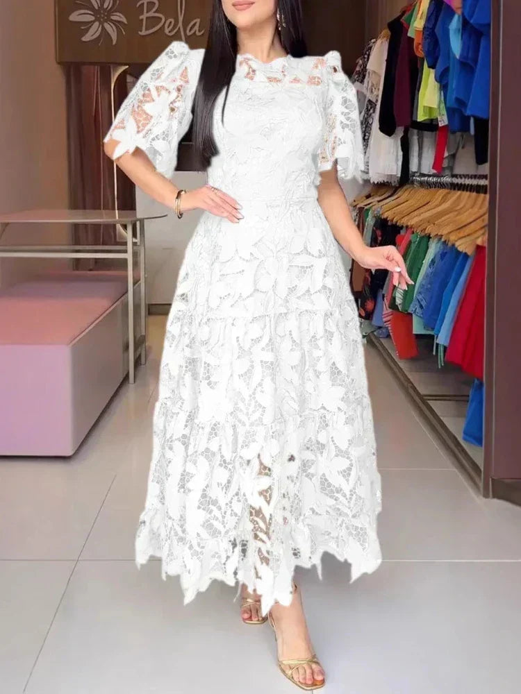 Vestido Feminino Midi Renda Manga Curta