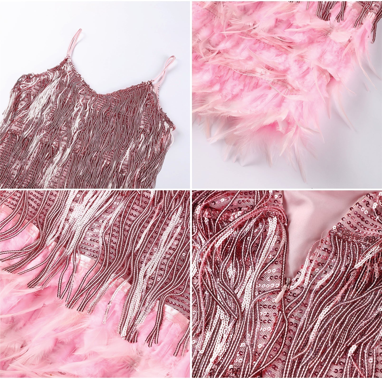 Vestido de Paetê Com Franjas e Plumas