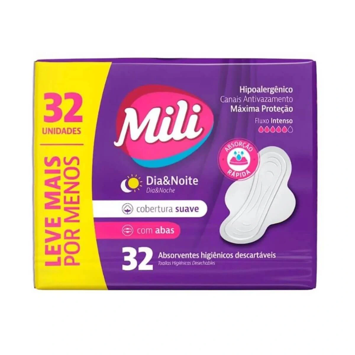 ABSORVENTE MILI DIA/NOITE COBERTURA SUAVE C/ ABAS 32UN — Mili | Farmácia Resyla
