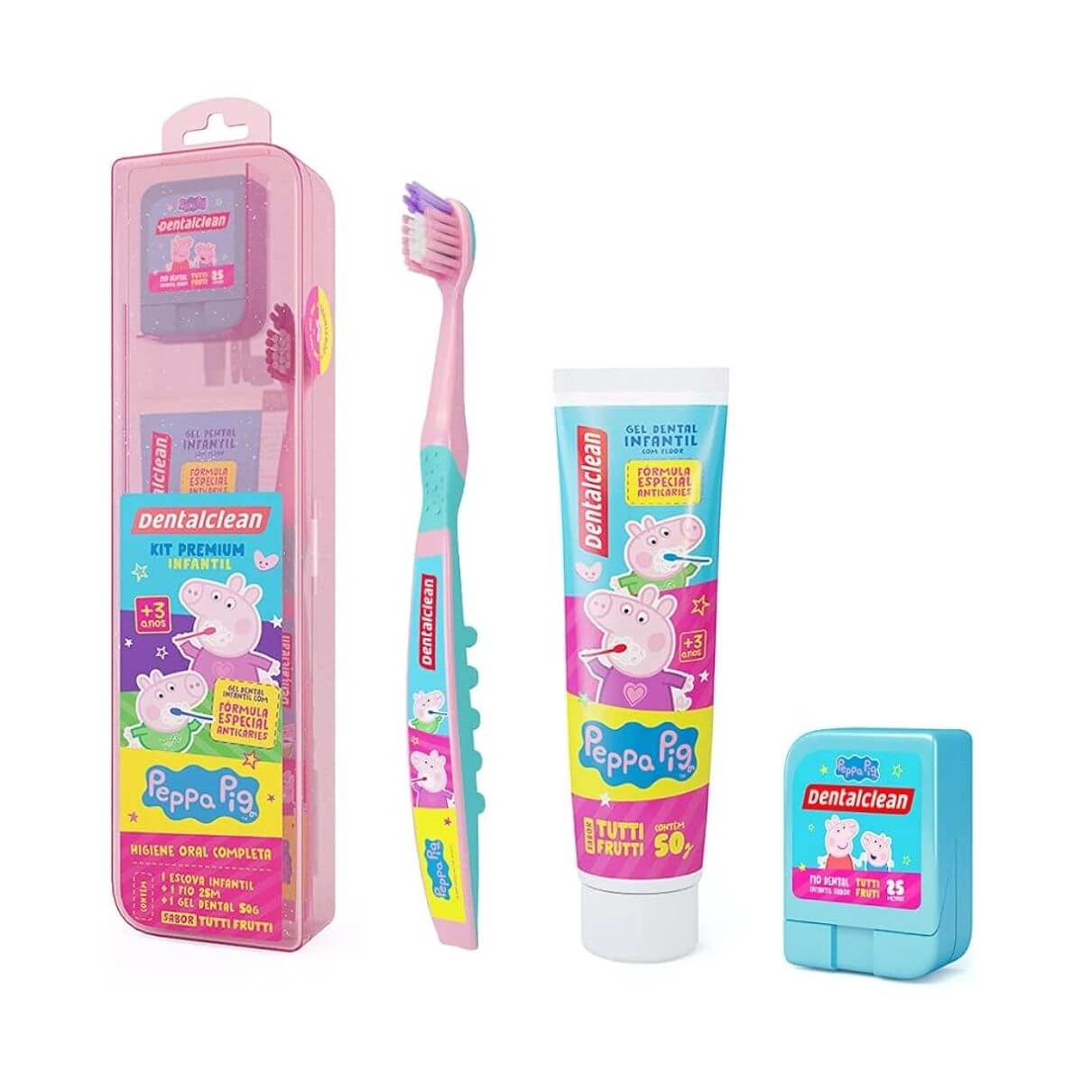KIT DENTALCLEAN PEPPA PIG ESCOVA DE DENTE + PASTA DE DENTE + FIO DENTAL — Dentalclean | Farmácia Resyla