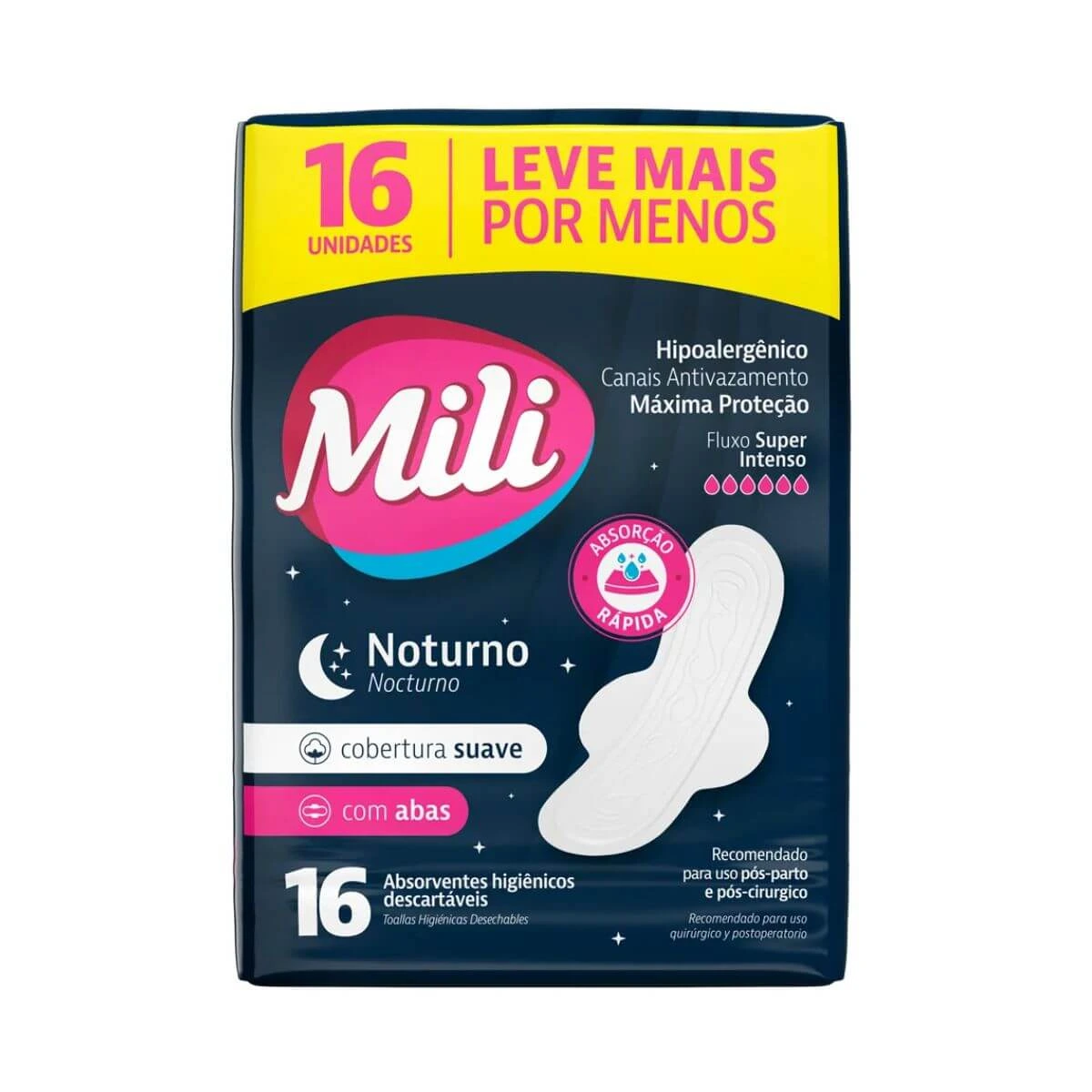 ABSORVENTE MILI NOTURNO COBERTURA SUAVE C/ ABAS 16UN — Mili | Farmácia Resyla
