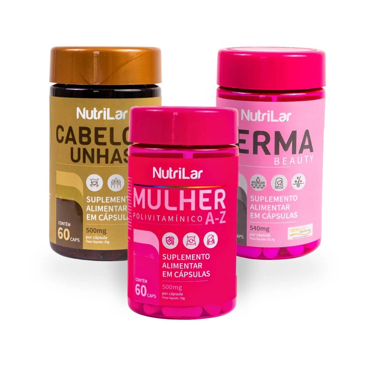 KIT PROMOCIONAL CUIDADOS FEMININOS 20%OFF - POLIVITAMÍNICOS NUTRILAR MULHER, DERMA BEAUTY E CABELOS E UNHAS C/ 60CÁPS CADA — | Farmácia Resyla