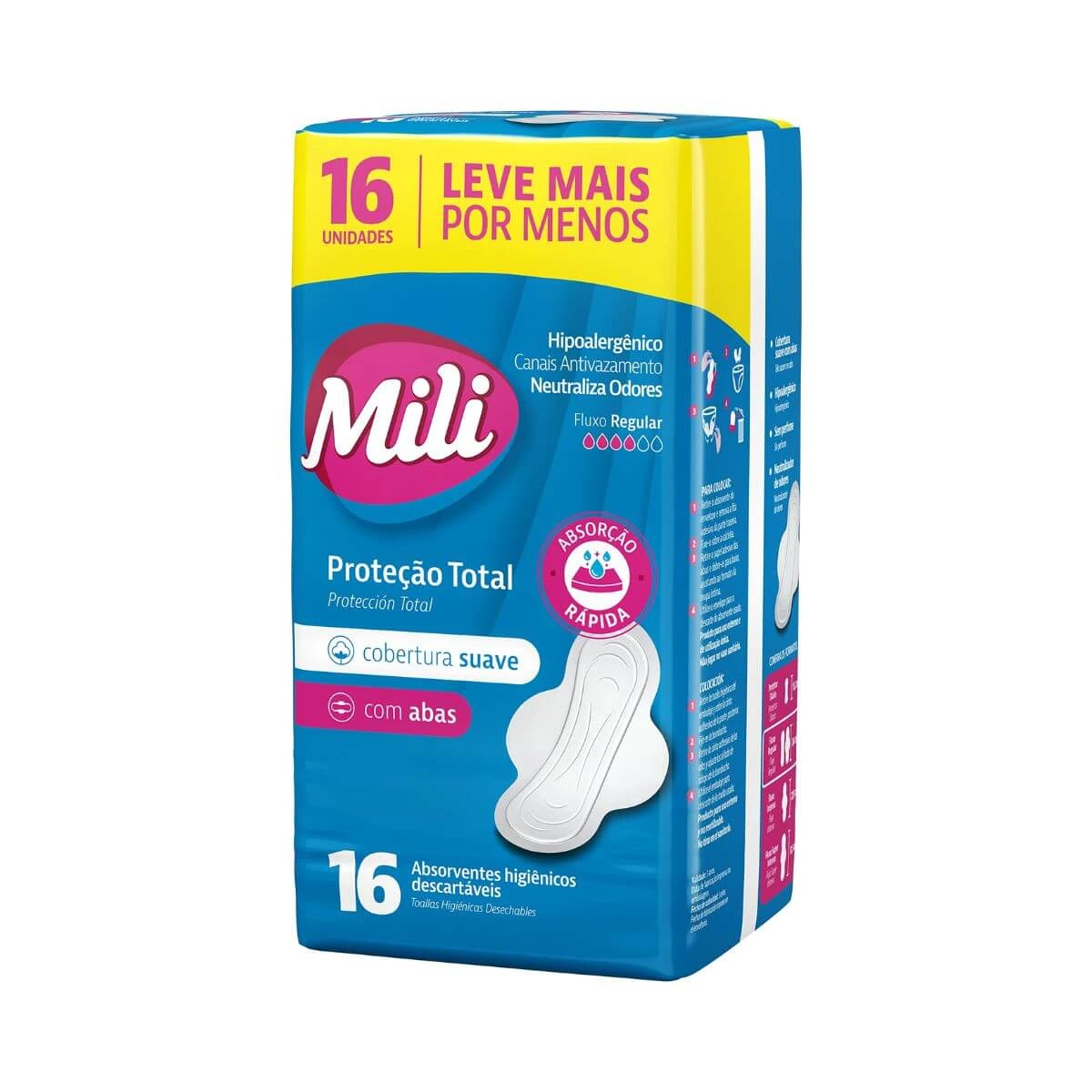 ABSORVENTE MILI PROTEÇÃO TOTAL SUAVE C/ABAS 16UN — Mili | Farmácia Resyla