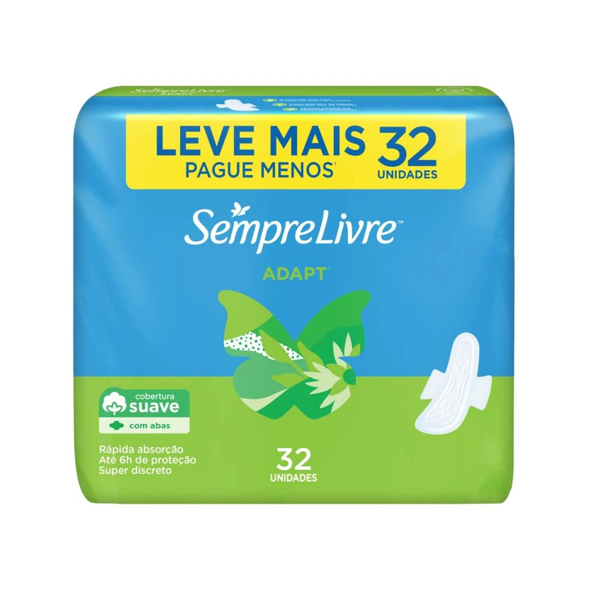 ABSORVENTE SEMPRE LIVRE ADAPT COBERTURA SUAVE C/ ABAS 32UN — Sempre Livre | Farmácia Resyla