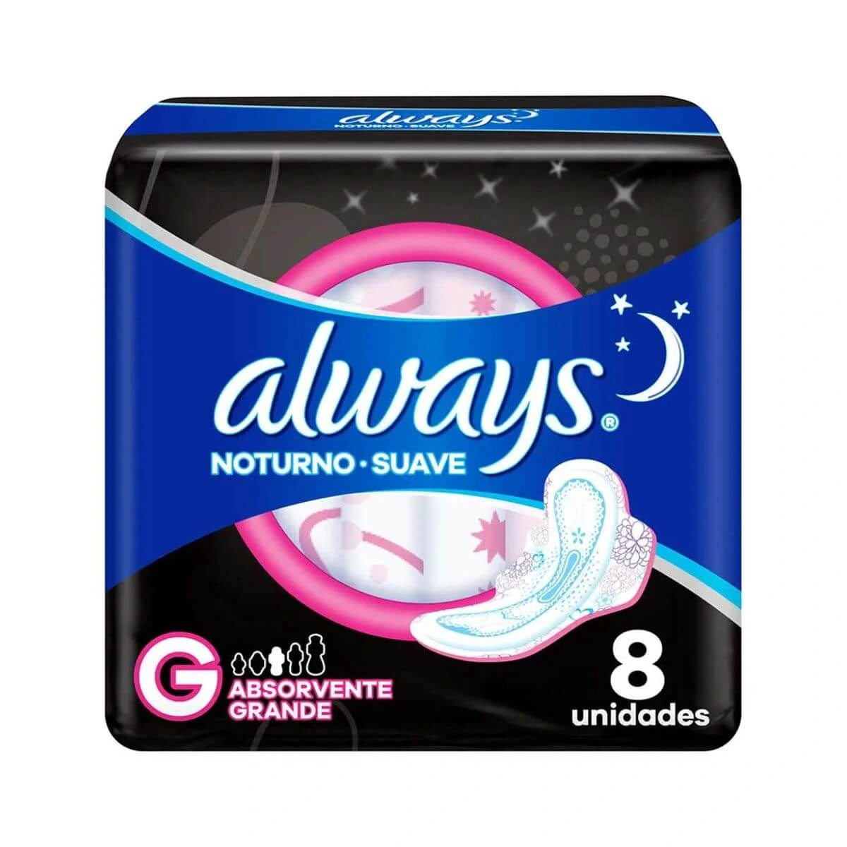 ABSORVENTE ALWAYS NOTURNO G COBERTURA SUAVE C/ ABAS 8UN — Always | Farmácia Resyla