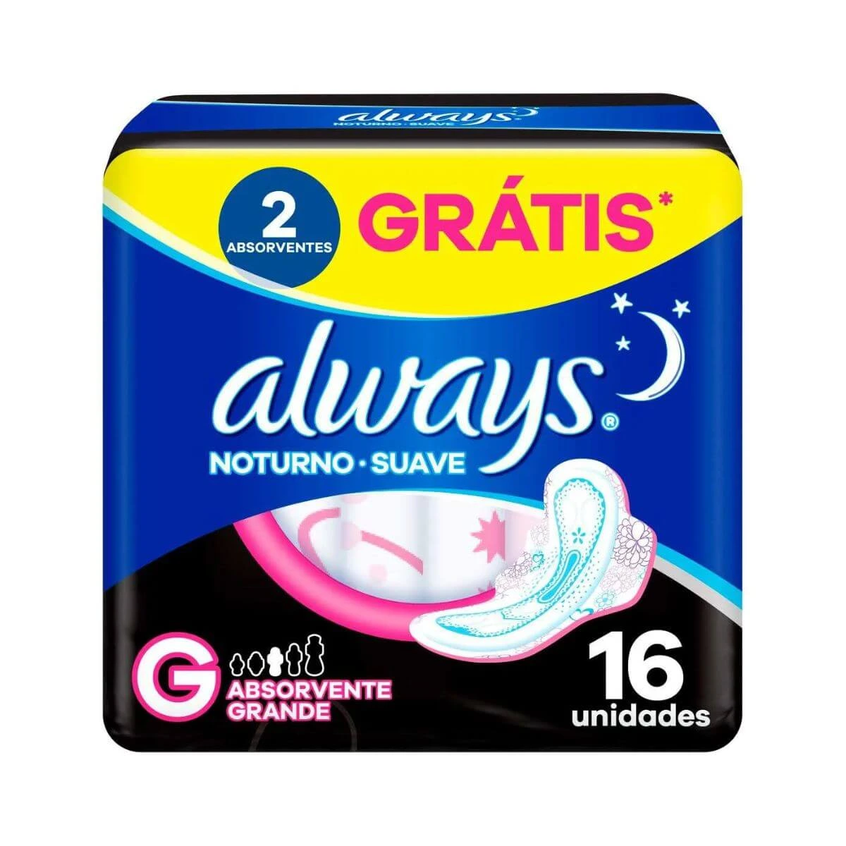ABSORVENTE ALWAYS NOTURNO G COBERTURA SUAVE C/ ABAS 16UN — Always | Farmácia Resyla