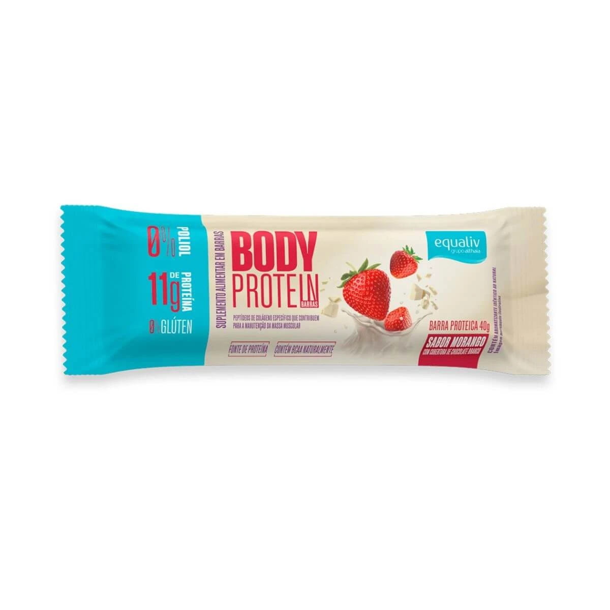 BARRA DE PROTEINA BODY PROTEIN SABOR MORANGO 40G - EQUALIV — Equaliv | Farmácia Resyla