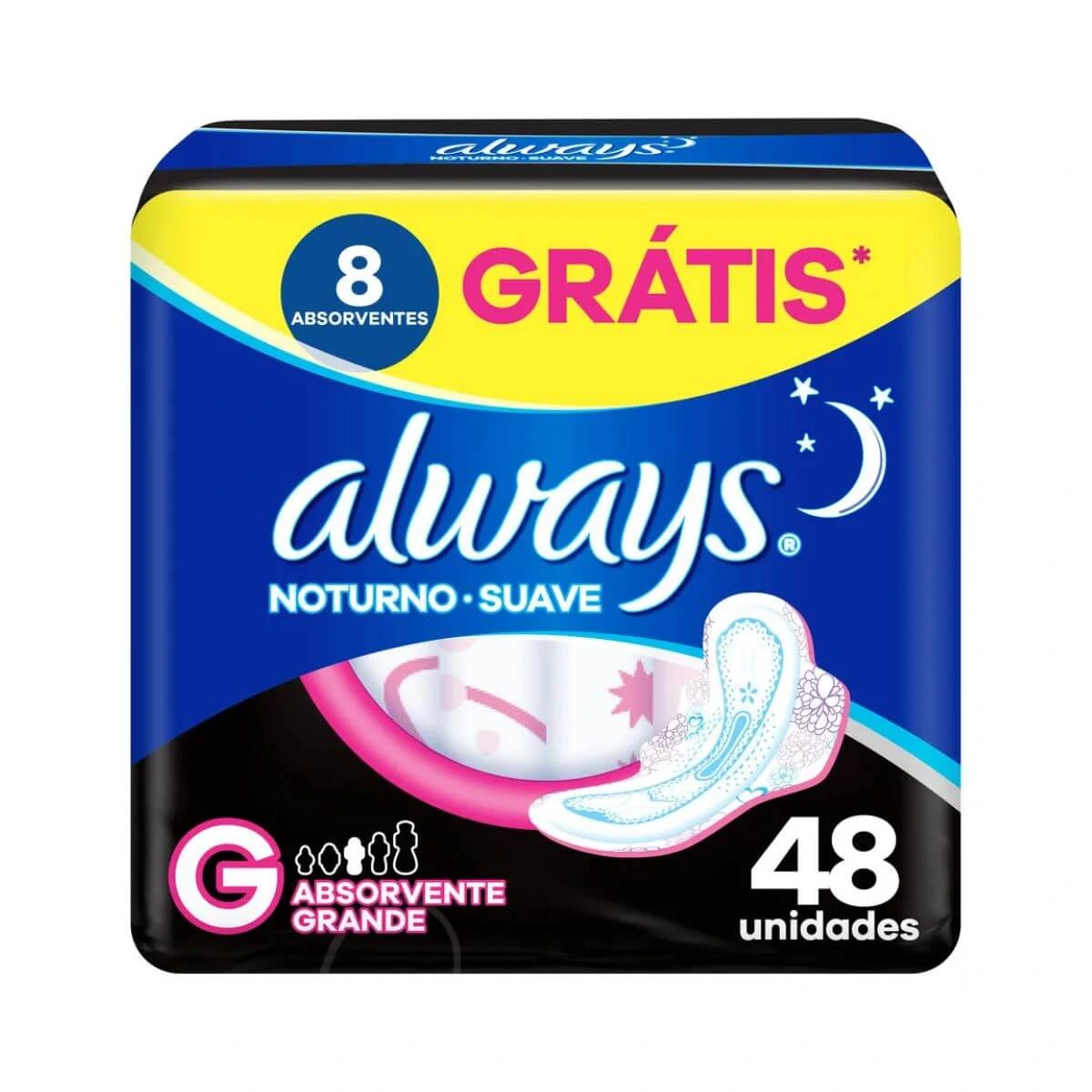 ABSORVENTE ALWAYS NOTURNO G COBERTURA SUAVE C /ABAS 48UN — Always | Farmácia Resyla