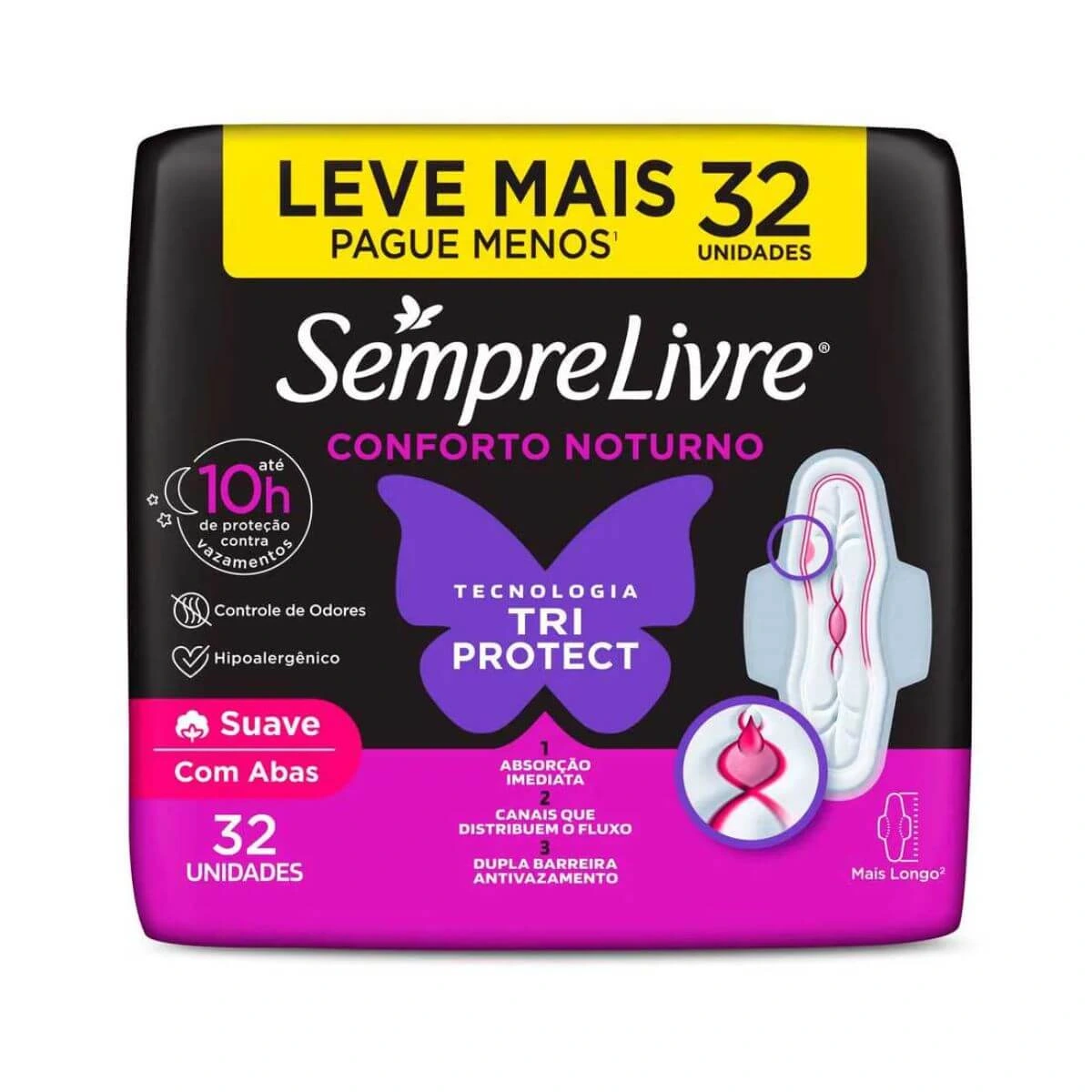 ABSORVENTE SEMPRE LIVRE CONFORTO NOTURNO SUAVE C/ ABAS 32UN — Sempre Livre | Farmácia Resyla