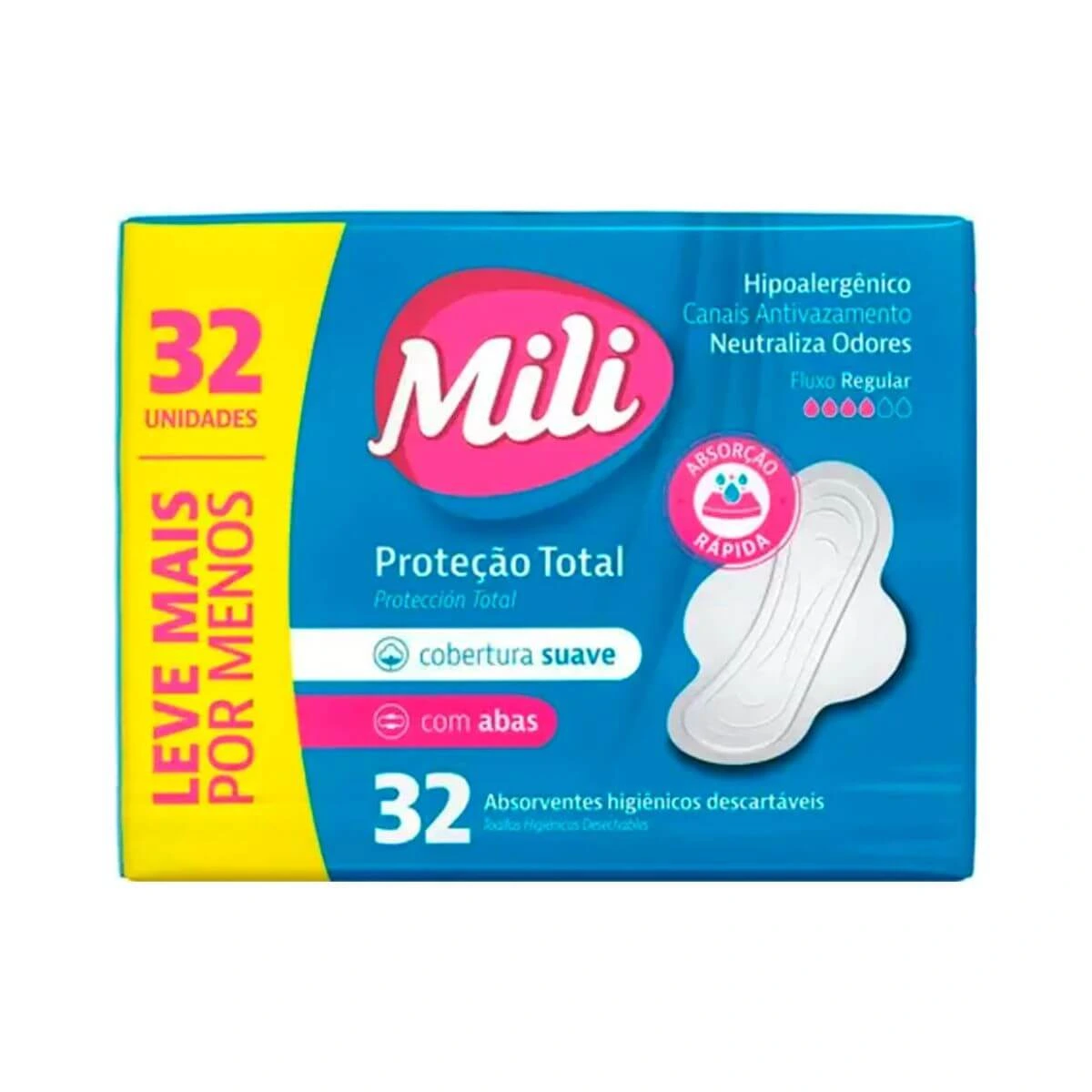 ABSORVENTE MILI PROTEÇÃO TOTAL COBERTURA SUAVE C/ABAS 32UN — Mili | Farmácia Resyla