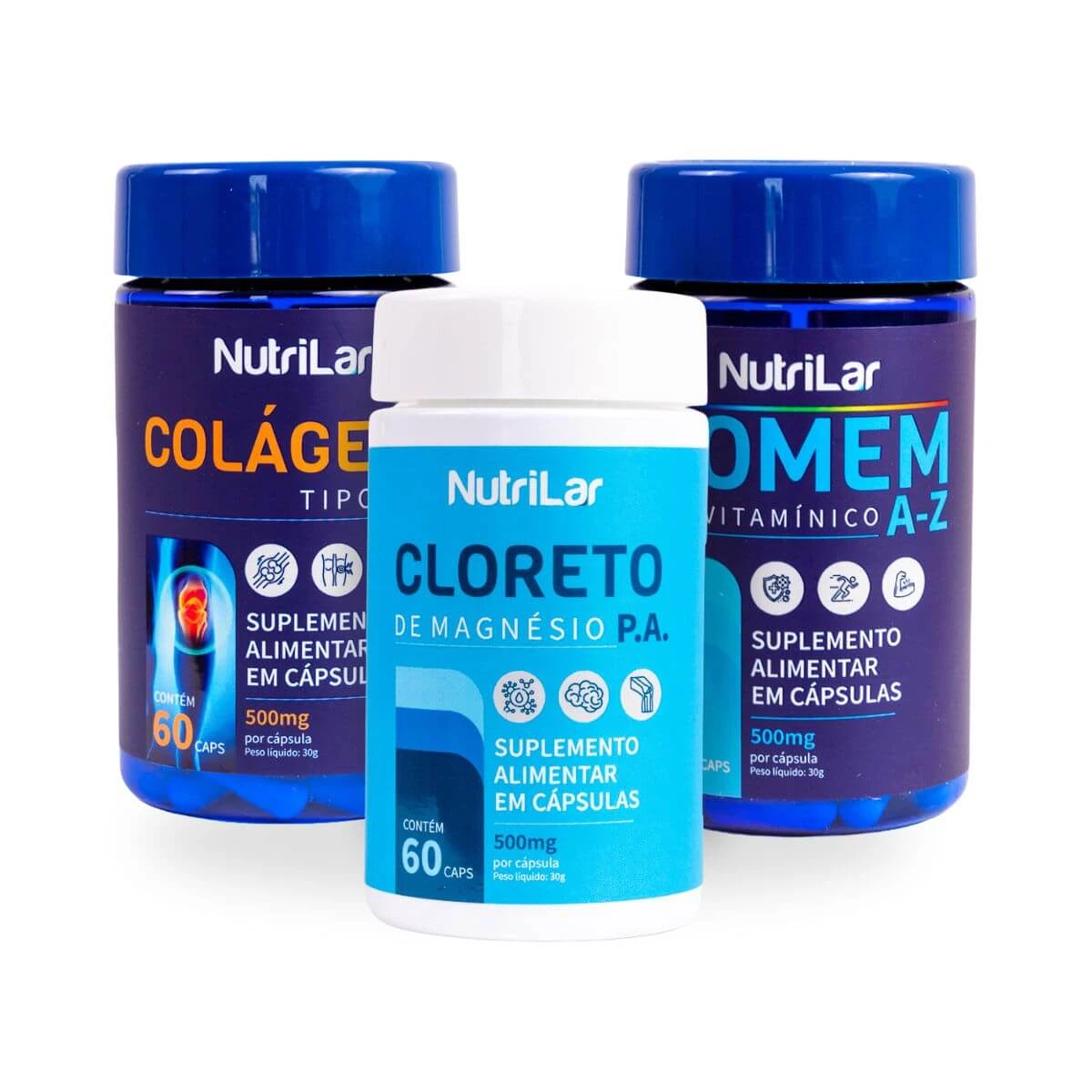 KIT PROMOCIONAL CUIDADOS MASCULINOS 20%OFF - POLIVITAMÍNICOS NUTRILAR HOMEM, COLÁGENO TIPO 2 E CLORETO DE MAGNÉSIO C/ 60CÁPS CADA — | Farmácia Resyla