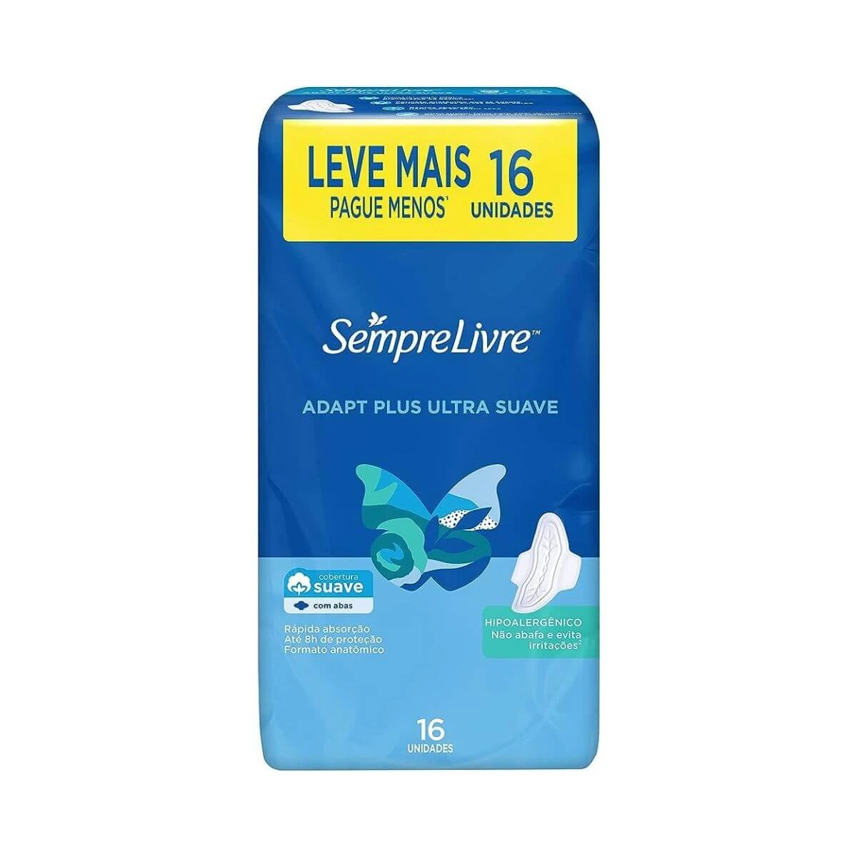 ABSORVENTE SEMPRE LIVRE ADAPT PLUS COBERTURA SUAVE C/ ABAS 16UN — Sempre Livre | Farmácia Resyla