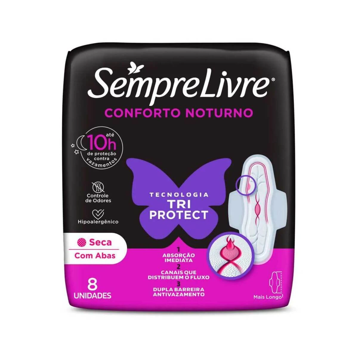 ABSORVENTE SEMPRE LIVRE NOTURNO COBERTURA SECA C/ ABAS 8UN — Sempre Livre | Farmácia Resyla
