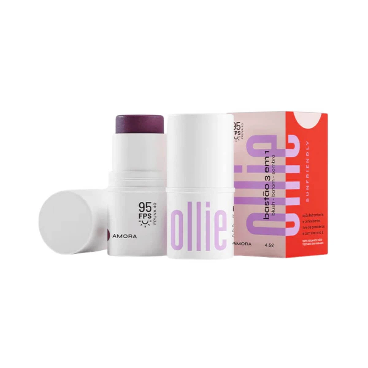 OLLIE BASTÃO 3 EM 1 FPS95 COR AMORA - BLUSH, BATOM E SOMBRA — Ollie | Farmácia Resyla