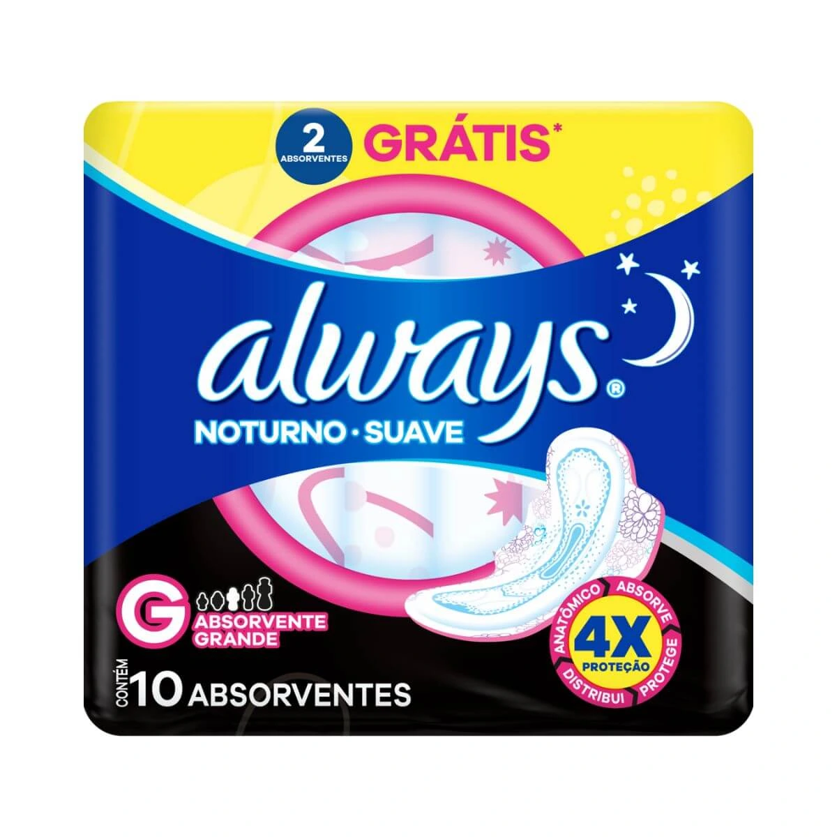 ABSORVENTE ALWAYS NOTURNO G COBERTURA SUAVE C/ ABAS 10UN — Always | Farmácia Resyla
