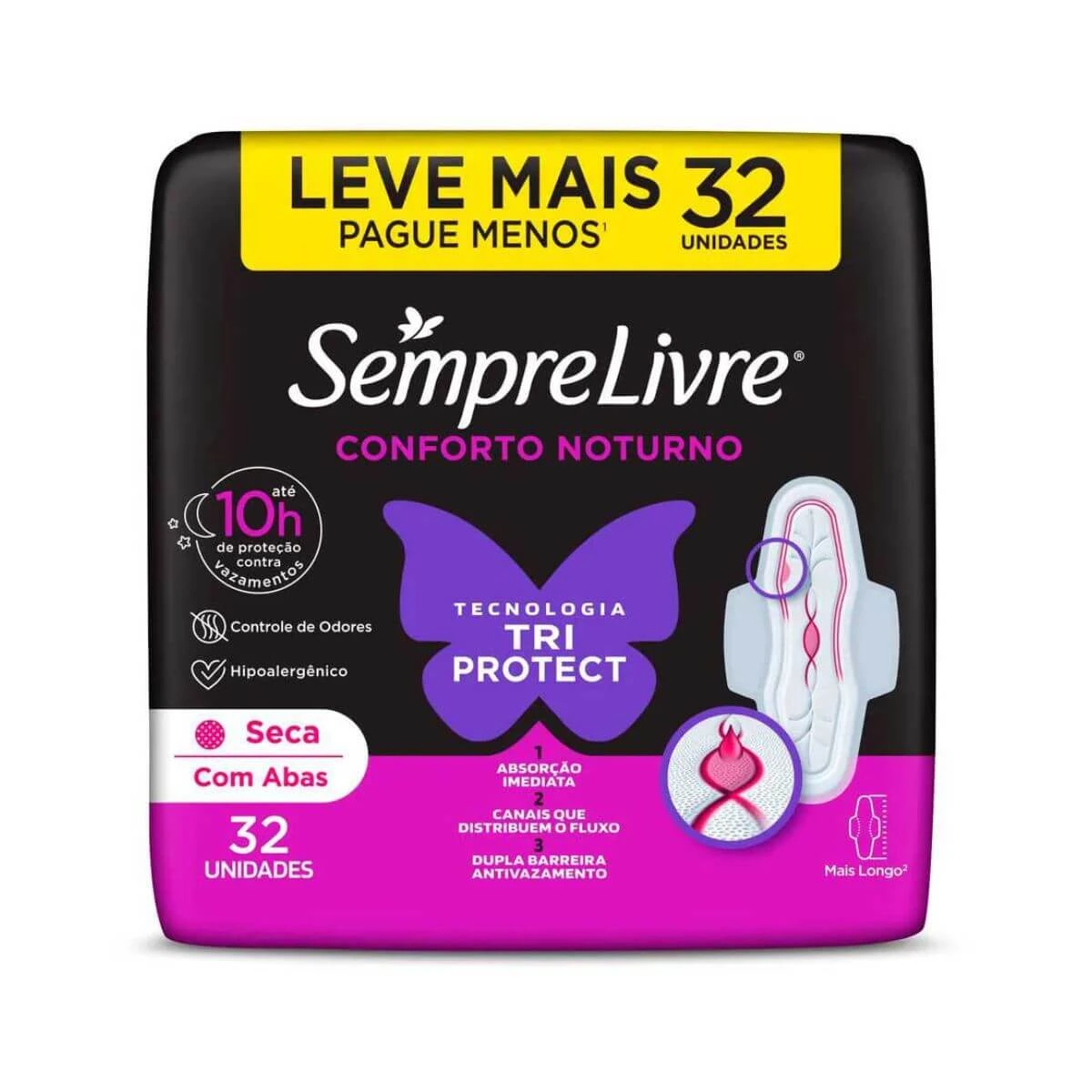 ABSORVENTE SEMPRE LIVRE CONFORTO NOTURNO COBERTURA SECA C/ ABAS 32UN — Sempre Livre | Farmácia Resyla