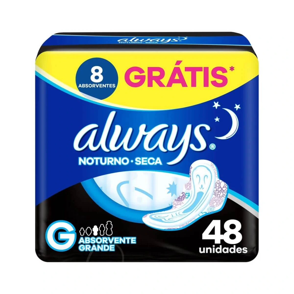 ABSORVENTE ALWAYS NOTURNO G COBERTURA SECA C/ ABAS 48UN — Always | Farmácia Resyla