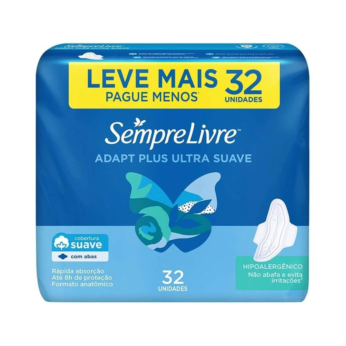 ABSORVENTE SEMPRE LIVRE ADAPT PLUS COBERTURA SUAVE C/ ABAS 32UN — Sempre Livre | Farmácia Resyla