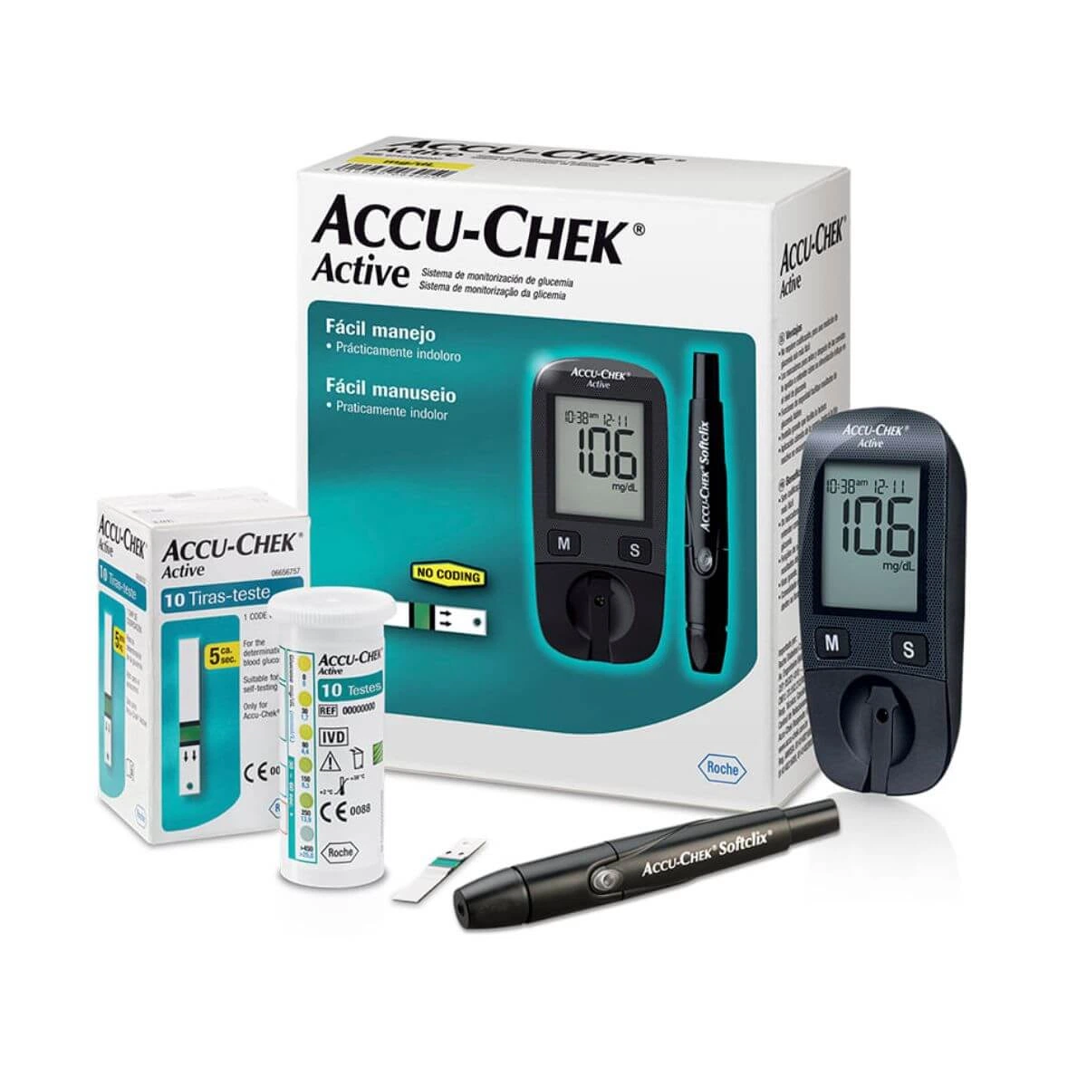 KIT MEDIDOR GLICEMIA ACCU-CHEK ACTIVE + 10 TIRAS + LANCETADOR — Accu-chek | Farmácia Resyla