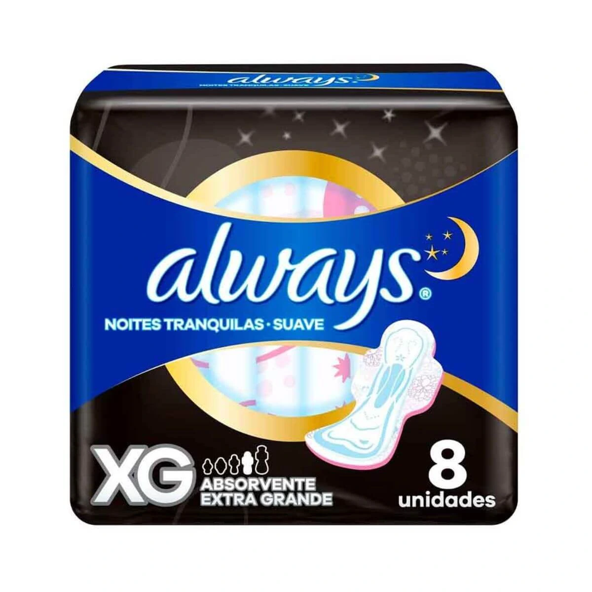 ABSORVENTE ALWAYS NOTURNO XG COBERTURA SUAVE C/ ABAS 8UN — Always | Farmácia Resyla