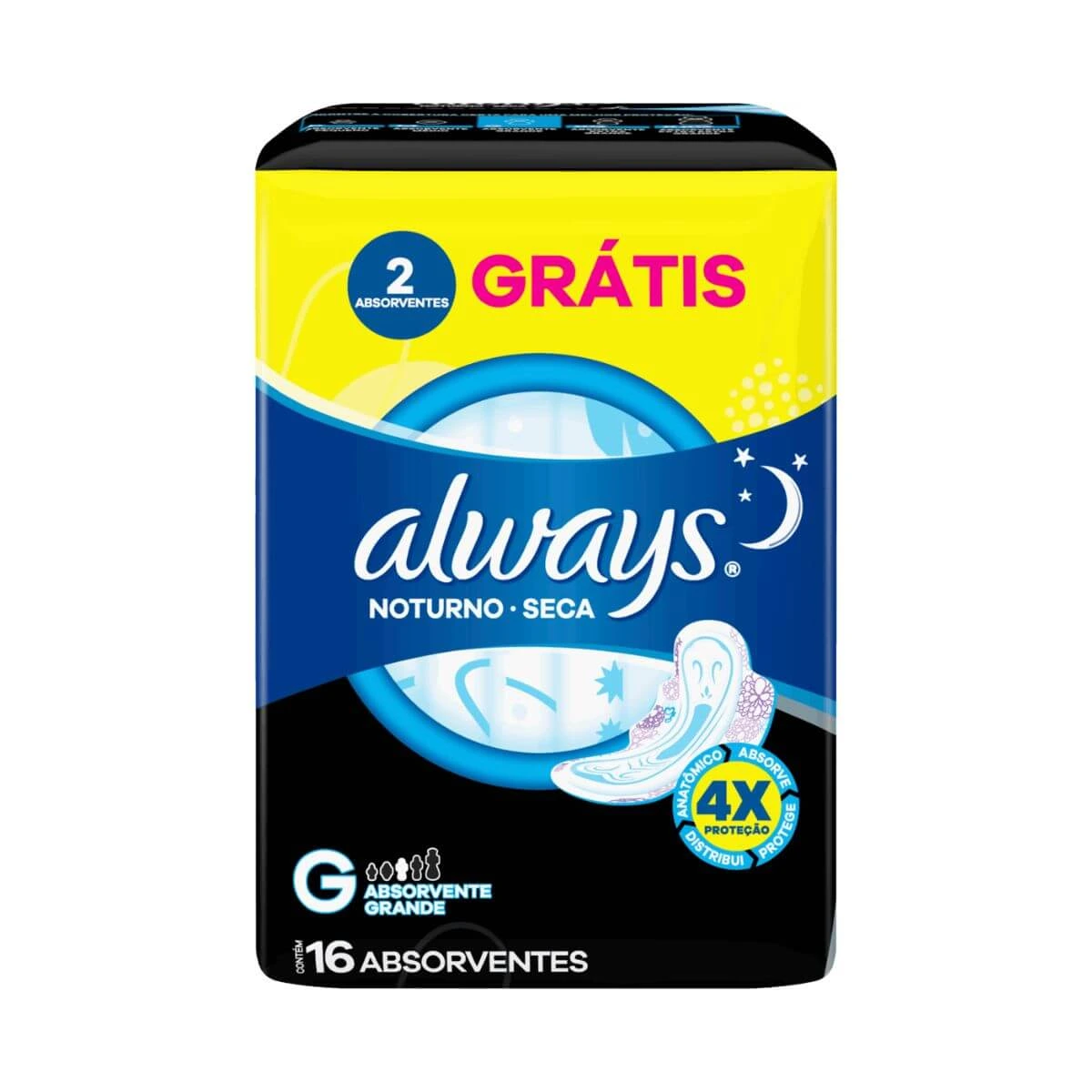 ABSORVENTE ALWAYS NOTURNO G COBERTURA SECA C /ABAS 16UN — Always | Farmácia Resyla