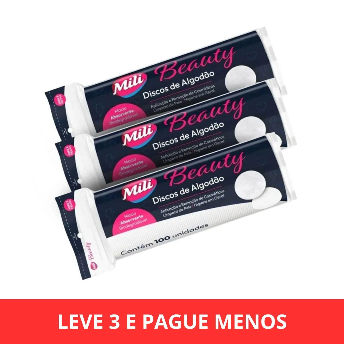 KIT 5% OFF 3 UNIDADES DISCOS DE ALGODÃO MILI BEAUTY 100UN — | Farmácia Resyla
