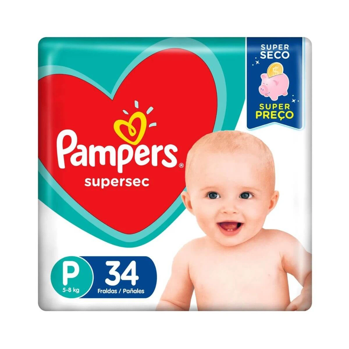 FRALDA PAMPERS SUPERSEC PACOTÃO P C/34UN — Pampers | Farmácia Resyla