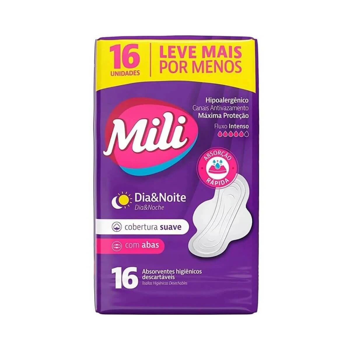 ABSORVENTE MILI DIA/NOITE COBERTURA SUAVE C/ ABAS 16UN — Mili | Farmácia Resyla