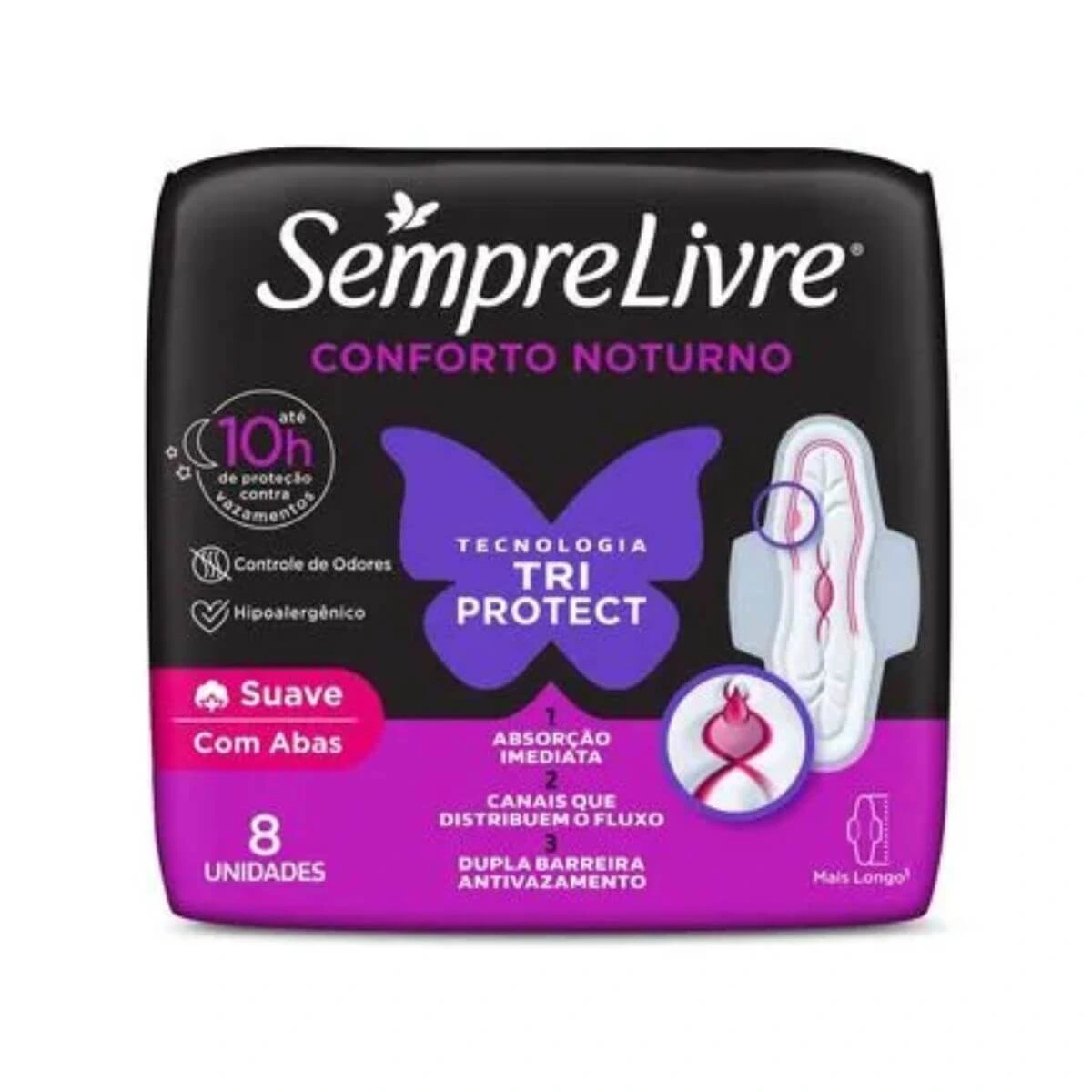 ABSORVENTE SEMPRE LIVRE NOTURNO COBERTURA SUAVE C/ ABAS 8UN — Sempre Livre | Farmácia Resyla