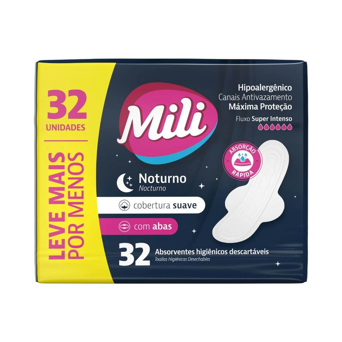 ABSORVENTE MILI NOTURNO COBERTURA SUAVE C/ ABAS 32UN — Mili | Farmácia Resyla
