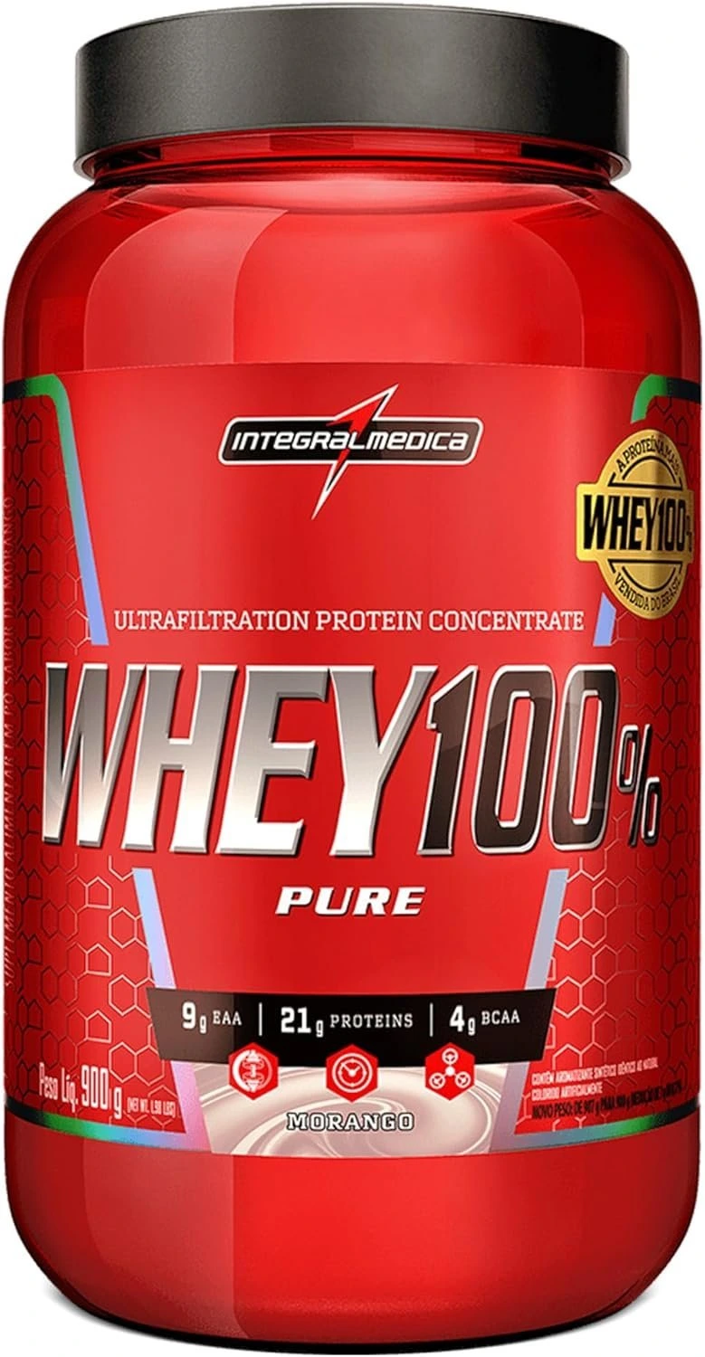 Whey Protein Concentrado Morango 100% Pure – 21g de Proteína por Scoop, Suplementação Alimentar Pós-Treino, Fórmula Enriquecida com BCAAs – Pote 900g — | Farmácia Resyla