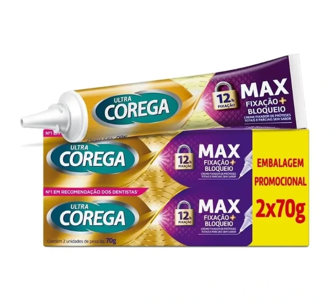 Creme Fixador de Dentadura Ultra Corega Max Fixação + Bloqueio Sem Sabor 2 unidades de 70g cada — Corega | Farmácia Resyla