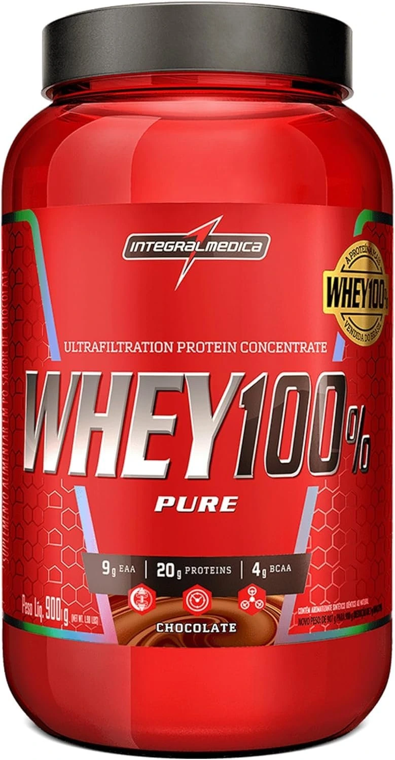 Whey Protein Concentrado Chocolate 100% Pure – 21g de Proteína por Scoop, Suplementação Alimentar Pós-Treino, Fórmula Enriquecida com BCAAs – Pote 900 — | Farmácia Resyla