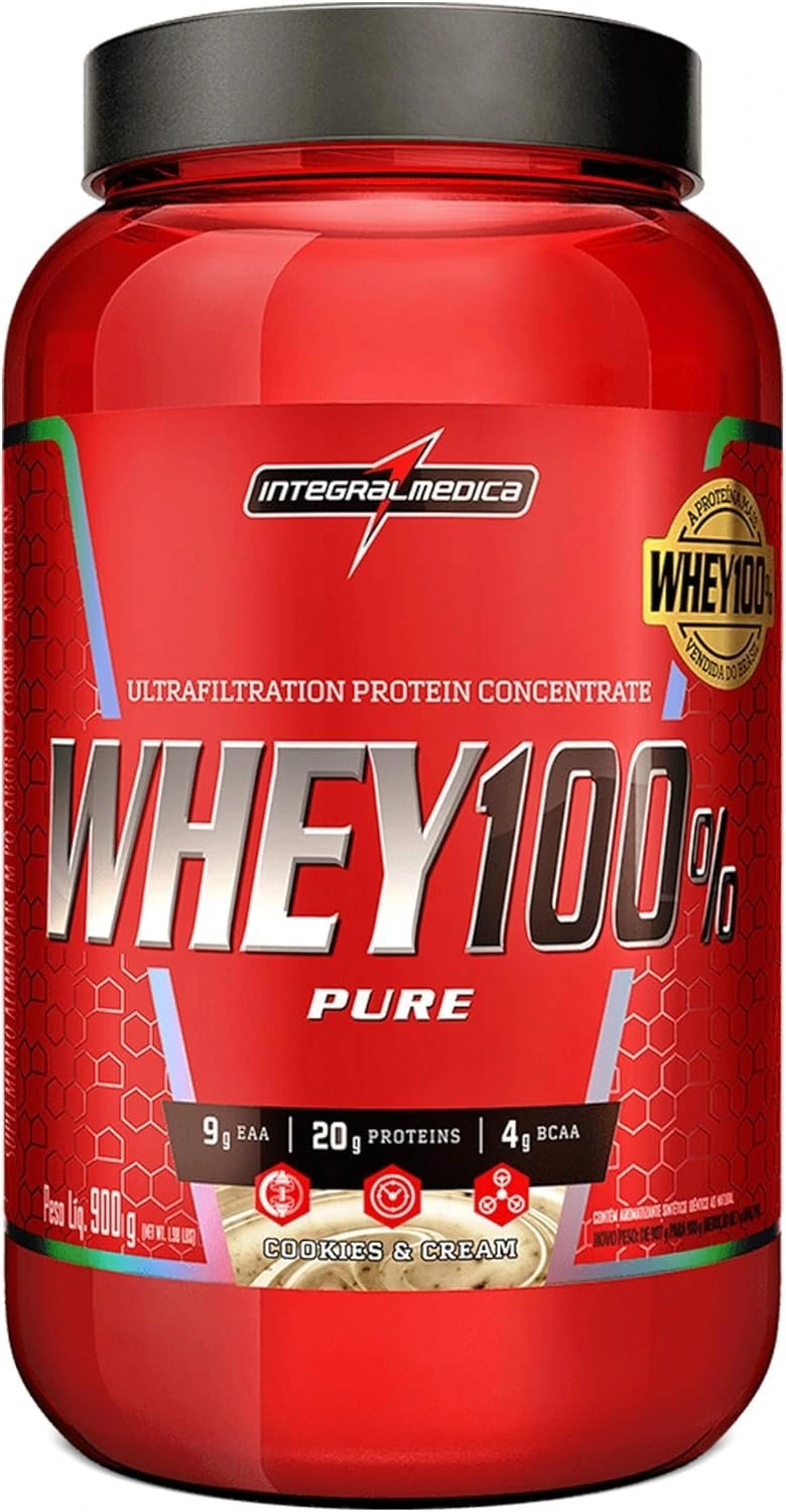 Integralmédica – Whey Protein Concentrado Cookies and Cream 100% Pure – 21g de Proteína por Scoop, Suplementação Alimentar Pós-Treino, Fórmula Enriquecida com BCAAs – Pote 900g — Integralmedica | Farmácia Resyla