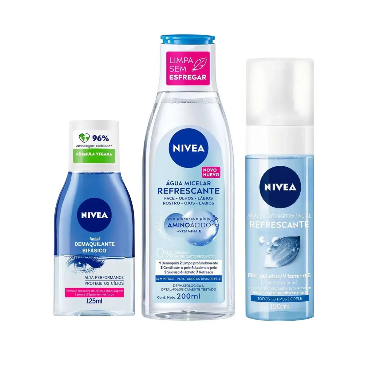 Kit Nivea Demaquilante Bifásico 125ml + Água Micelar 7 em 1 Refrescante 200ml + Mousse de Limpeza Facial 150ml — Nivea | Farmácia Resyla