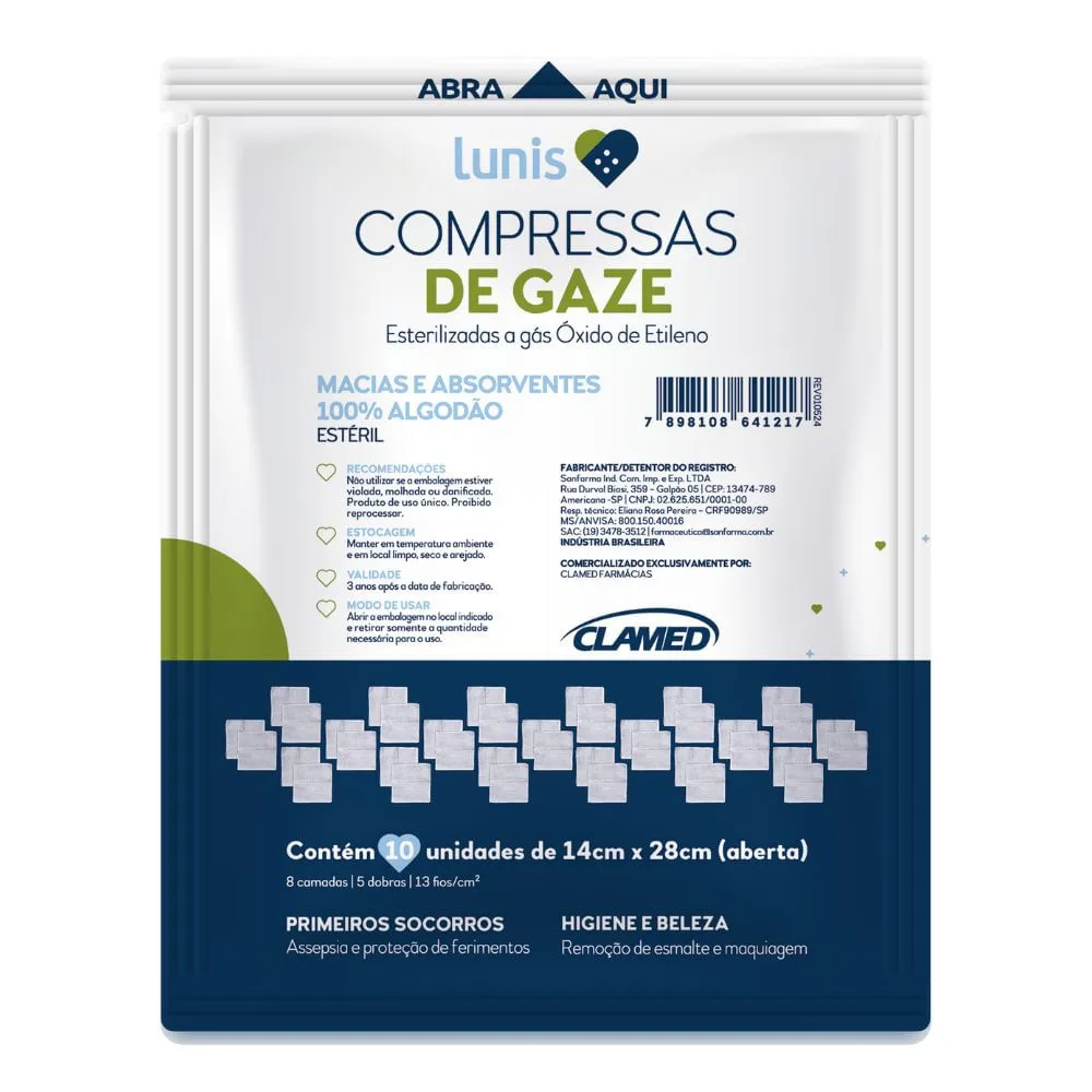 Compressa De Gaze Macia E Absorvente Lunis 10 Unidades — | Farmácia Resyla