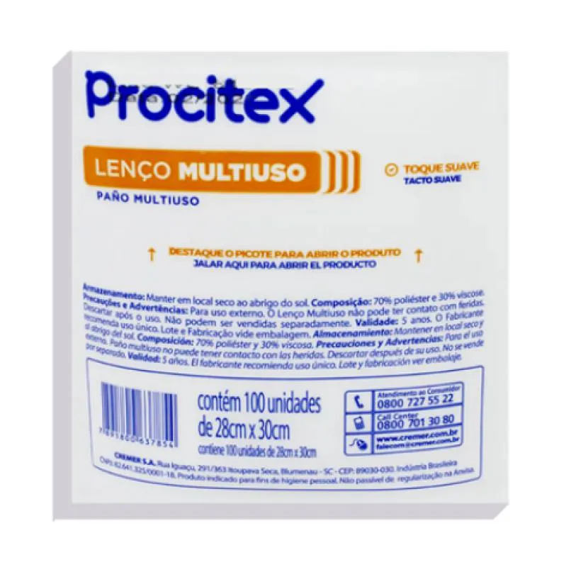 LENçO PARA BANHO 28X 30CM (PACOTE COM 100 UNIDADES) PROCITEX - CREMER — Cremer | Farmácia Resyla