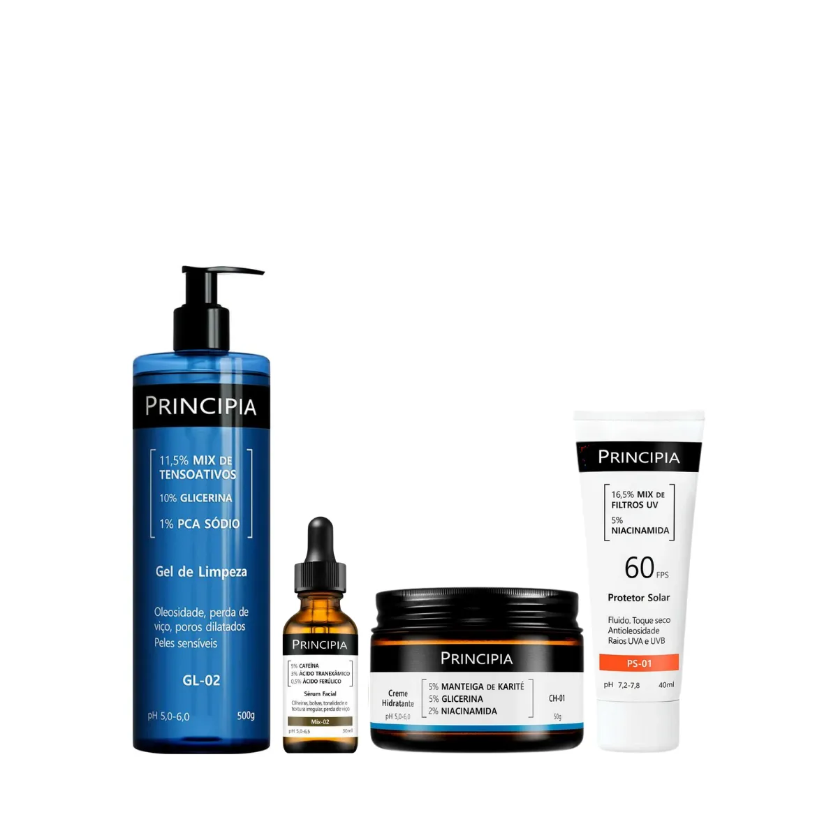 Kit Facial Principia Skincare Gel de Limpeza Suave GL-02 500ml + Sérum Anti-Idade Mix-02 30ml + Creme Hidratante CH-01 50g + Protetor Solar PS-01 FPS 60 40ml — Principia | Farmácia Resyla
