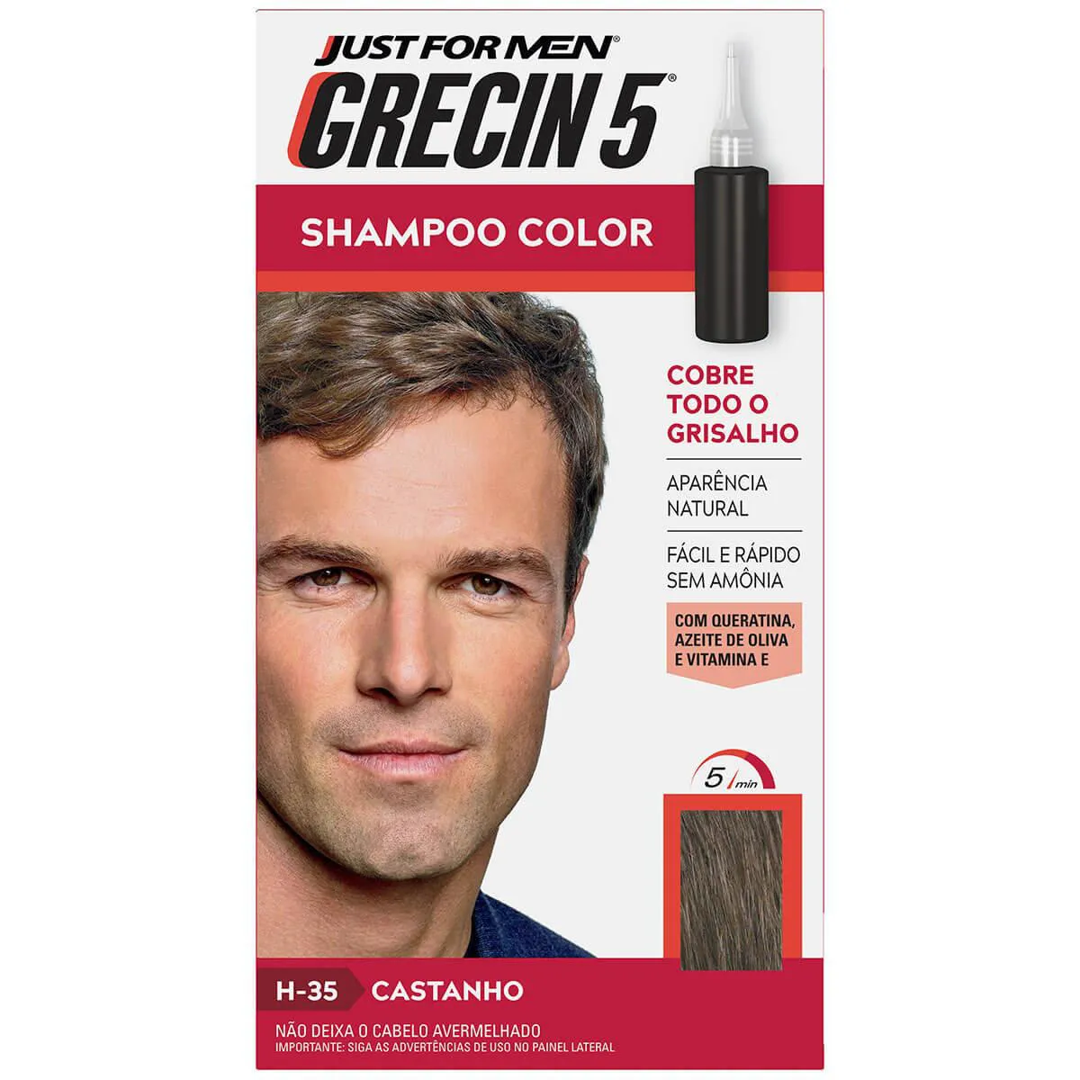 Shampoo Tonalizante Color Just For Men Grecin 5 - H-35 Castanho — | Farmácia Resyla