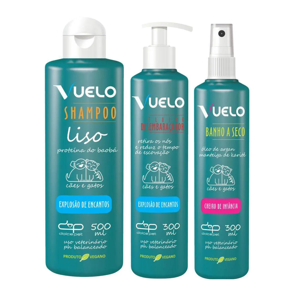 Kit Vuelo Shampoo Liso + Fluído Desembaraçador + Banho a Seco – Cuidados Completos para o Seu Pet — | Farmácia Resyla