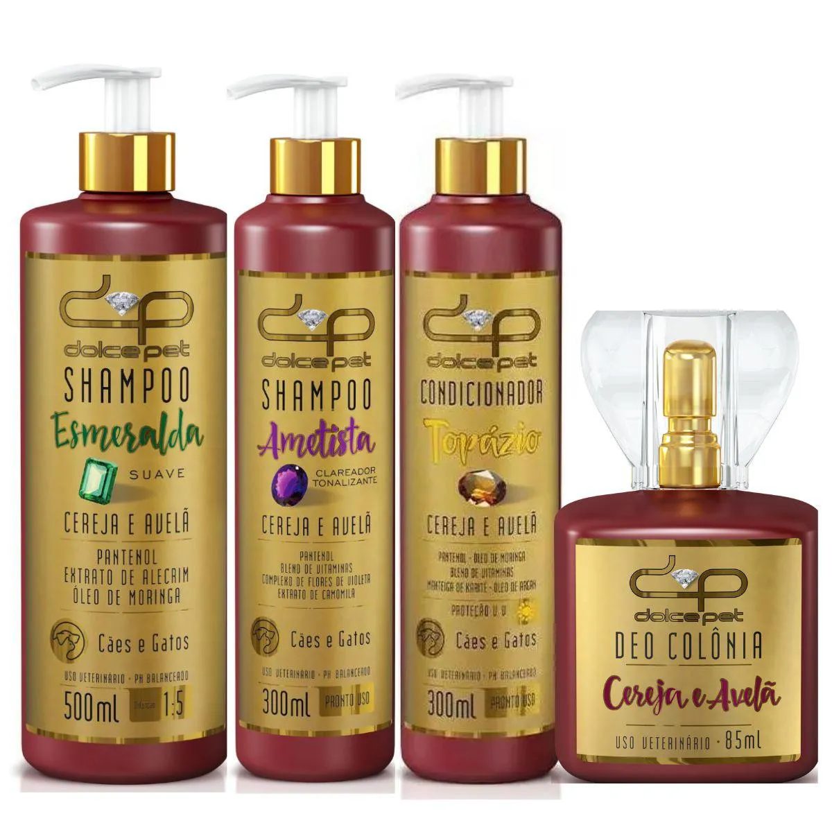 Kit Dolce Pet Shampoo Suave + Clareador Tonalizante + Condicionador Topázio + Deo Colônia Cereja e Avelã P/ Cães e Gatos — | Farmácia Resyla