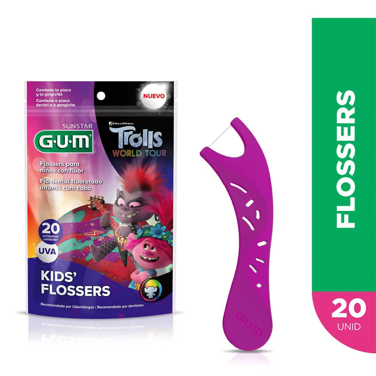 Flosser Infantil para Limpeza dos Dentes G.U.M Trolls Sabor Uva com 20 unidades — | Farmácia Resyla