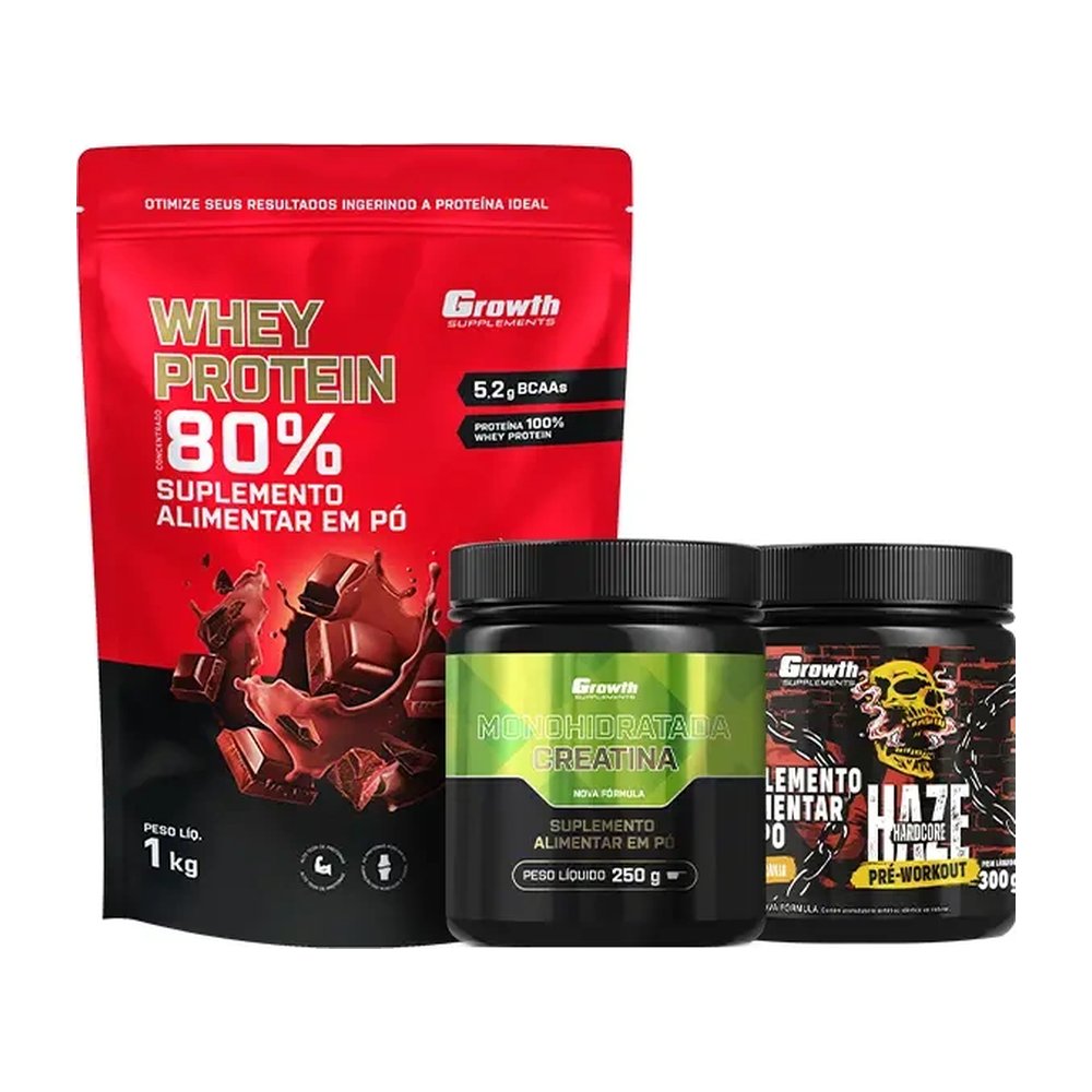 Kit Whey Protein Concentrado 1kg, Creatina Monohidratada 250g e Pré-Treino Haze Laranja 300g — | Farmácia Resyla