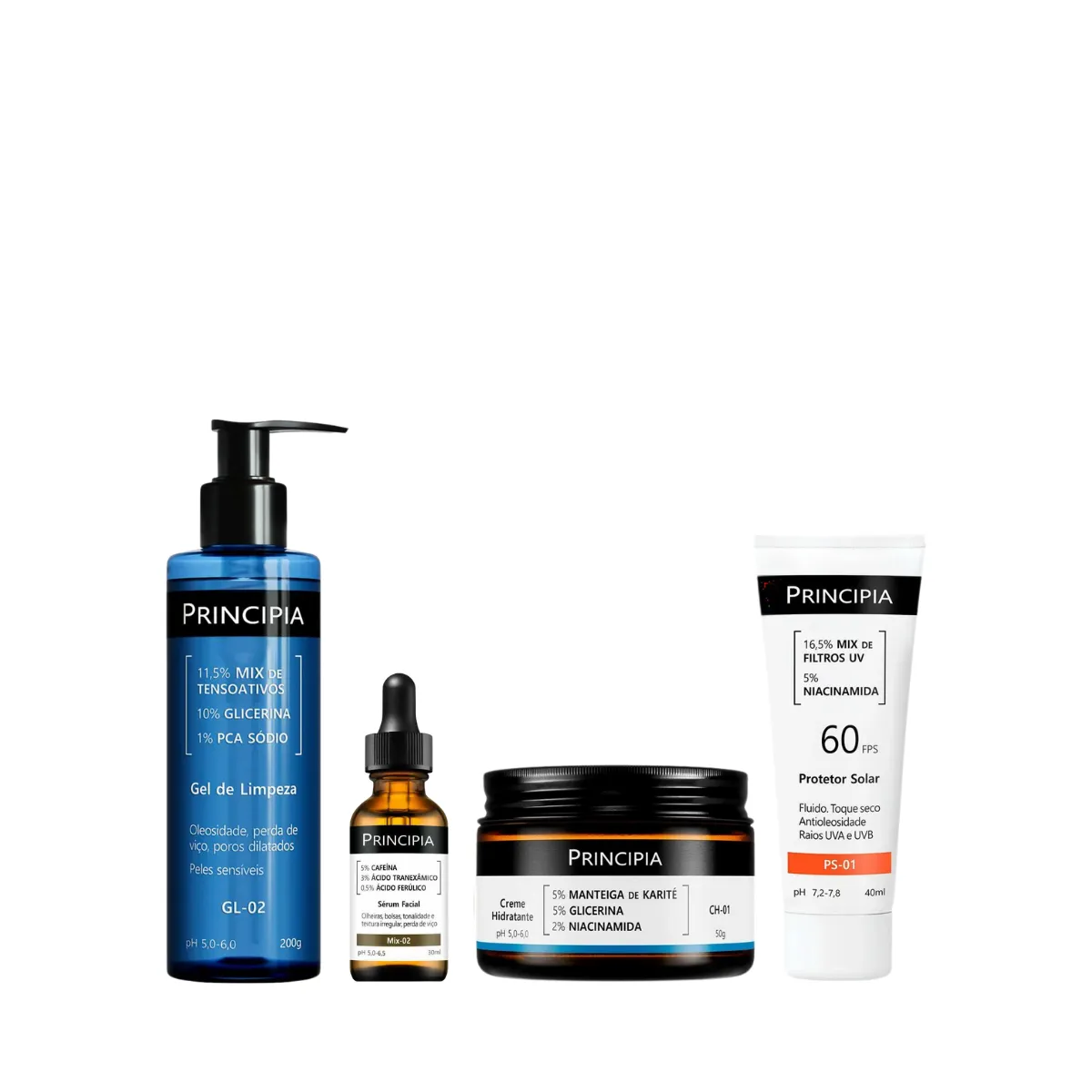 Kit Facial Principia Skincare Gel de Limpeza Suave GL-02 200ml + Sérum Anti-Idade Mix-02 30ml + Creme Hidratante CH-01 50g + Protetor Solar PS-01 FPS 60 40ml — Principia | Farmácia Resyla