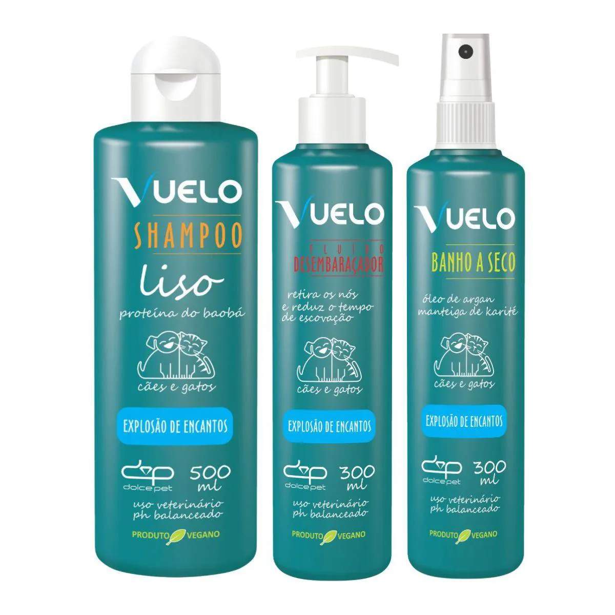 Kit Vuelo Shampoo Liso + Fluido Desembaraçador + Banho a Seco Explosão de Encantos para Cães e Gatos — | Farmácia Resyla