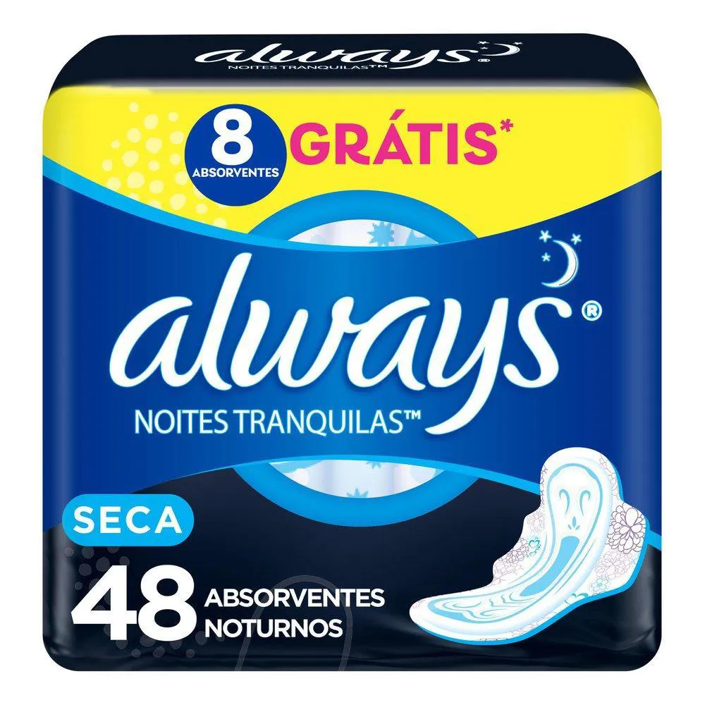 Absorvente Noturno Always Noites Tranquilas Cobertura Seca com Abas Leve 48 Pague 40 — Always | Farmácia Resyla