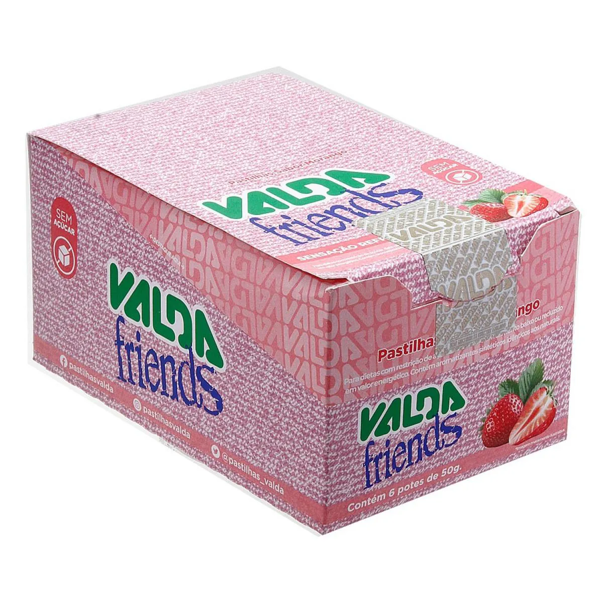 Valda Friends Pastilha de Mentol Sabor Morango sem Açúcar Caixa com 6 Potes de 50g — Valda | Farmácia Resyla
