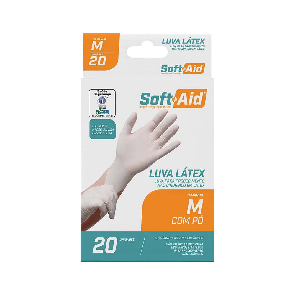 Luva Latex Soft Aid M Com Po 20 Unidades — | Farmácia Resyla