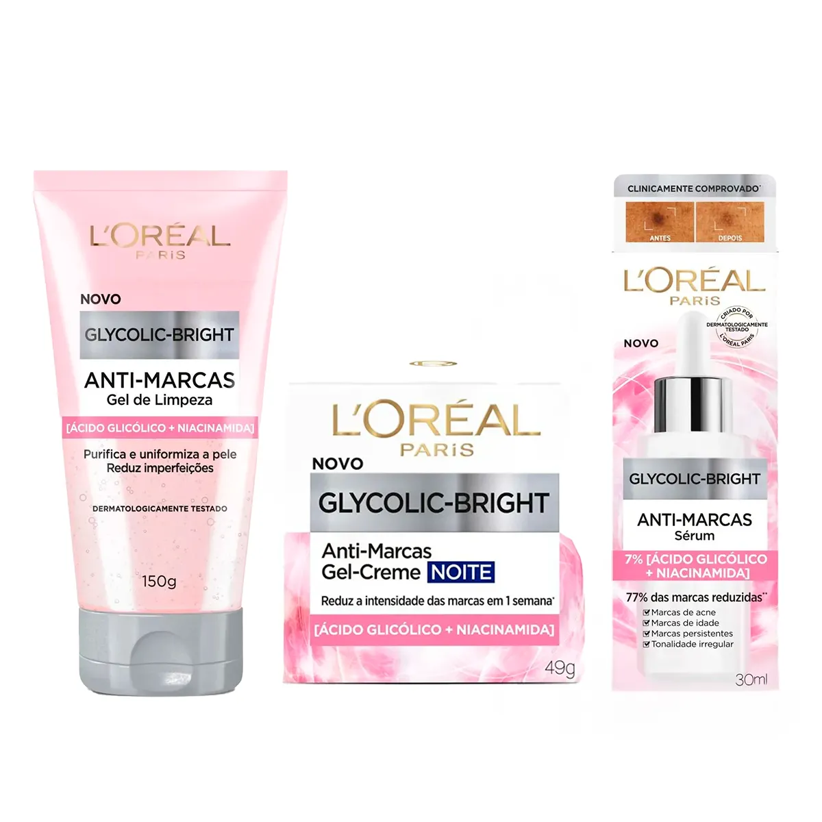 Kit L'Oréal Paris Glycolic-Bright Rotina Completa - Gel Limpeza + Sérum + Gel-Creme Noite — L'Oréal Paris | Farmácia Resyla